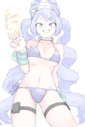Rule 34 | 1girl, absurdres, bare shoulders, bikini, blue bikini, blue eyes, blue hair, blush, boku no hero academia, breasts, drill hair, energy, hado nejire, hair horns, highres, large breasts, long hair, looking at viewer, mocamocaink, navel, open mouth, simple background, smile, solo, stomach, swimsuit, teeth, thigh strap, twin drills, v, very long hair, white background