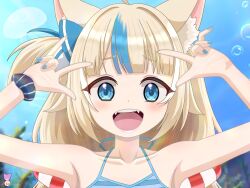 1girl animal_ear_fluff animal_ears arms_up bikini blonde_hair blue_bikini blue_eyes blue_hair blue_nails cat_ears fangs highres indie_virtual_youtuber long_hair looking_at_viewer low_twintails multicolored_hair nail_polish nyahoekaki1 one_side_up open_mouth sameko_saba smile solo streaked_hair swimsuit teeth twintails upper_teeth_only very_long_hair virtual_youtuber water