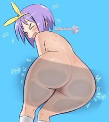 &gt;_&lt; 1girl ? against_glass ass ass_focus blue_background blush bow closed_eyes completely_nude flying_sweatdrops from_below hair_bow hiiragi_tsukasa huge_ass lucky_star mad_mex nude open_mouth pov purple_hair pussy short_hair simple_background solo thick_thighs thighs watermark wavy_mouth yellow_bow