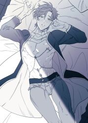 1boy abs arms_up bed bed_sheet blush clothes_lift coat commentary_request feet_out_of_frame from_above groin highres layered_sleeves long_sleeves looking_down lying male_focus nervous_sweating nipple_chain nipple_jewelry nipples nu_carnival olivine_(nu_carnival) on_back pants parted_lips pectorals pillow sheet_grab shirt_lift short_hair sweat sweatdrop turtleneck two-sided_coat two-sided_fabric wokome