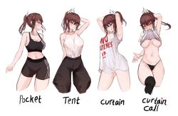 1girl armpits bike_shorts black_panties black_pants black_shorts black_sports_bra blush breasts brown_hair clothes_in_mouth clothes_lift cropped_legs crown curtain_call_challenge_(meme) english_text heart heart-shaped_pupils high-waist_pants highres large_breasts lifting_own_clothes liz_(nin_fake) long_hair looking_at_viewer meme mouth_hold multiple_views naughty_face navel nin_fake original panties pants ponytail red_eyes shirt shirt_lift shirt_overhang shorts simple_background sports_bra sports_bra_lift symbol-shaped_pupils t-shirt tank_top tented_shirt thighhighs tongue tongue_out underboob underwear white_background white_shirt