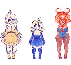 Rule 34 | 3girls, ahoge, animal ears, bare shoulders, black eyes, blonde hair, blue boots, blue dress, blue eyes, blue gloves, blue leotard, blush stickers, boots, bowtie, breasts, brown eyes, carrot hair ornament, cherry, cherry hair ornament, cleavage, cleavage cutout, clothing cutout, covered navel, detached sleeves, dress, fake animal ears, food, food-themed hair ornament, freckles, freckles on breasts, fruit, gloves, green bow, green bowtie, hair ornament, hairband, huge breasts, leotard, merei (thatartistann), multiple girls, open mouth, orange boots, orange dress, orange hair, original, pantyhose, rabbit ears, sharp teeth, smile, teeth, thatartistann, twintails, white hairband