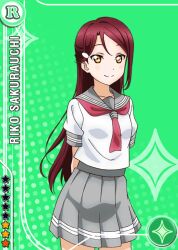 Rule 34 | 1girl, anime coloring, arms behind back, blush, card (medium), closed mouth, cowboy shot, green background, grey sailor collar, grey skirt, hair ornament, hairclip, half updo, long hair, looking at viewer, love live!, love live! school idol festival, love live! sunshine!!, miniskirt, neckerchief, official art, pleated skirt, red hair, red neckerchief, sailor collar, sakurauchi riko, school uniform, serafuku, shirt, short sleeves, skirt, smile, solo, standing, star (symbol), summer uniform, tie clip, uranohoshi school uniform, white shirt, yellow eyes
