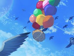 aircraft airplane balloon closed_eyes closed_mouth cloud commentary_request day flying gen_2_pokemon gen_4_pokemon nintendo no_humans oguraan outdoors pokemon pokemon_(creature) pokemon_focus silhouette sky smile starly swinub