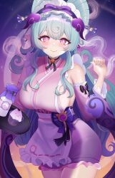 1girl absurdres apron black_bow blue_hair blush bow breasts closed_mouth commentary_request detached_sleeves fingernails frilled_apron frilled_hairband frills gem genshin_impact hair_between_eyes hairband hand_up highres holding holding_tray japanese_clothes kimono large_breasts long_hair long_sleeves looking_at_viewer maid maid_headdress nail_polish nihongami pink_kimono purple_eyes purple_gemstone purple_nails purple_sleeves sideboob sleeveless sleeveless_kimono smile solo symbol-shaped_pupils tray very_long_hair wakya white_apron white_hairband yumemizuki_mizuki