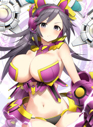 1girl absurdres armor bikini_armor black_hair black_panties blush breasts closed_mouth electricity eyelashes grey_eyes hairband highres large_breasts long_hair navel nyanko_daisensou panties pepushi_drow stomach thundia_(nyanko_daisensou) underwear