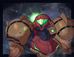 1girl armor artist_name assault_visor green-tinted_eyewear helmet metroid nintendo orange_armor power_suit_(metroid) red_helmet samus_aran solo tinted_eyewear upper_body varia_suit wakaba_(wata_ridley)