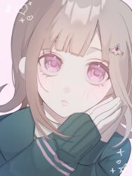 1girl brown_hair collared_shirt danganronpa_(series) danganronpa_2:_goodbye_despair flipped_hair highres jacket long_sleeves looking_at_viewer medium_hair nanami_chiaki own_hands_together pink_eyes pink_ribbon ribbon rizu639 shirt solo spaceship_hair_ornament two-tone_shirt white_shirt