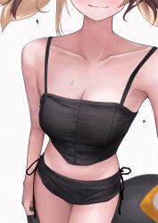 1girl :q black_camisole black_shorts blonde_hair blush breasts brown_hair camisole cleavage collarbone commentary english_commentary gigi_murin head_out_of_frame highres hololive hololive_english revision short_shorts shorts simple_background small_breasts solo sweatdrop tail tongue tongue_out twintails unmeidesu virtual_youtuber white_background
