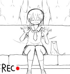 1girl 2boys aioi_yuuko bag blush closed_eyes couch flying_sweatdrops greyscale hands_up mad_mex meme monochrome multiple_boys nichijou open_mouth piper_perri_surrounded_(meme) school_uniform shoes short_hair short_sleeves sitting sketch socks thighs tokisadame_school_uniform waving
