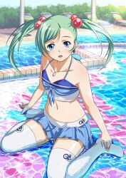 1girl bare_arms bare_shoulders blue_eyes chair collarbone day female_focus flat_chest full_body green_hair ikkitousen jewelry long_hair lounge_chair magatama navel necklace official_art open_mouth pool shokatsuryou_koumei solo swept_bangs thighhighs tree wet white_thighhighs