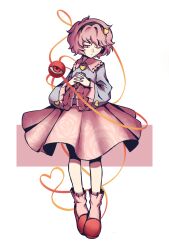 1girl black_hairband blue_shirt buttons collared_shirt commentary eyeball floral_print frilled_shirt_collar frilled_sleeves frills full_body hair_ornament hairband heart heart_button heart_hair_ornament heart_of_string highres interlocked_fingers komeiji_satori long_sleeves looking_at_viewer one_eye_closed own_hands_together pink_eyes pink_hair pink_skirt pink_slippers print_skirt ribbon-trimmed_collar ribbon_trim rose_print shirt skirt slippers socks soda_(sodaa_811) solo third_eye touhou white_socks wide_sleeves