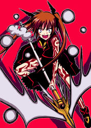 Rule 34 | 00s, 1girl, alternate costume, alternate weapon, dark persona, fang, female focus, long hair, lyrical nanoha, mahou shoujo lyrical nanoha, mahou shoujo lyrical nanoha strikers, open mouth, raising heart, saki chisuzu, simple background, solo, takamachi nanoha, tattoo, twintails, weapon, white devil, yandere