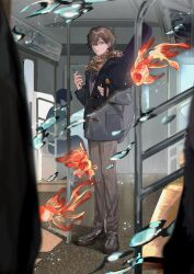 1boy ameinu aquarium backpack bag blue_eyes brown_hair brown_pants coat fish full_body goldfish guitar_case hair_between_eyes highres holding holding_phone instrument_case jacket koi long_sleeves looking_at_viewer male_focus original pants phone plaid_clothes plaid_scarf scarf school_uniform shoes short_hair shoulder_bag standing train_interior