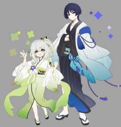 Rule 34 | 1boy, 1girl, aiguillette, alternate costume, alternate hair length, alternate hairstyle, black hair, black kimono, black sandals, black sleeves, blue kimono, blue sash, blunt ends, bow, bright pupils, brown sash, clenched hand, closed mouth, collarbone, cross-shaped pupils, crossed arms, eyeliner, eyeshadow, flower, flower ornament, full body, genshin impact, green bow, green eyes, green hair, green kimono, green sleeves, grey background, hair between eyes, hair ornament, hands in opposite sleeves, hands up, haori, height difference, highres, japanese clothes, kimono, leaf, leaf hair ornament, long sleeves, looking at viewer, makeup, multicolored hair, nahida (genshin impact), obi, obiage, obijime, open hand, open mouth, pectoral cleavage, pectorals, pochi-a, pointy ears, purple eyes, purple flower, purple rope, red eyeliner, red eyeshadow, rope, sandals, sash, scaramouche (genshin impact), short hair, side ponytail, sidelocks, standing, stole, streaked hair, striped clothes, striped kimono, striped sash, striped sleeves, sumeru rose (genshin impact), symbol-shaped pupils, tareme, tassel, tsurime, two-sided fabric, wanderer (genshin impact), waving, white haori, white pupils, wide sleeves, zouri