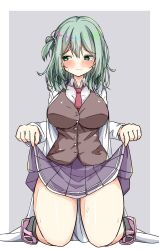 1girl aqua_eyes aqua_hair beads blush border breasts brown_vest buttons closed_mouth clothes_lift collared_shirt commentary embarrassed full_body furrowed_brow grey_background grey_skirt hair_beads hair_between_eyes hair_ornament highres impossible_clothes kikka_academy_school_uniform kinokohaman kneeling large_breasts lifting_own_clothes long_hair long_sleeves looking_to_the_side miniskirt necktie one_side_up outside_border pink_sandals pleated_skirt red_necktie riddle_joker sandals school_uniform shikibe_mayu shirt simple_background skirt skirt_lift solo sweat tearing_up tears thick_thighs thighs vest wavy_mouth white_border white_shirt