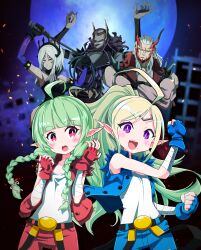 2boys 3girls absurdres ahoge arm_wrap aversa_(fire_emblem) blonde_hair braid circlet commission commissioner_upload cosplay dark-skinned_female dark_skin double_dragon facial_mark fake_horns fire_emblem fire_emblem_awakening full_moon gloves green_hair helmet highres horned_helmet horns kunio-kun_series moon mother_and_daughter multiple_boys multiple_girls nah_(fire_emblem) nintendo non-web_source nowi_(fire_emblem) pointy_ears ponytail purple_eyes sakurajyousui_nami sleeveless sleeveless_jacket tiara twin_braids validar_(fire_emblem) walhart_(fire_emblem) whip white_hair