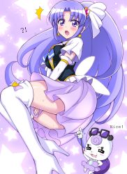 !? 10s 1girl :o ^^^ arm_warmers ass blush boots creature cure_fortune full_body gurasan_(happinesscharge_precure!) hair_ornament happinesscharge_precure! heart heart_hair_ornament high_heels highres hikawa_iona huge_ass jewel_(the_black_canvas) long_hair magical_girl necktie poking precure purple_background purple_eyes purple_hair purple_skirt skirt star_(symbol) star_symbol_background surprised sweat thigh_boots thighhighs white_thighhighs wide_ponytail