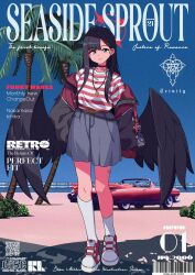 Rule 34 | 1girl, absurdres, alternate costume, beach, black hair, black jacket, black wings, blue archive, blue eyes, blue shorts, car, closed mouth, feathered wings, hair behind ear, hair between eyes, hair ornament, hairclip, high-waist shorts, highres, hrna, ichika (blue archive), jacket, jewelry, kneehighs, long hair, looking at viewer, motor vehicle, multicolored shirt, necklace, ocean, red shirt, red shoes, retro artstyle, shirt, shoes, shorts, sidelocks, sleeves past fingers, sleeves past wrists, smile, socks, solo, striped clothes, striped shirt, white socks, wings
