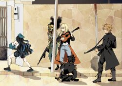 absurdres ak-47 assault_rifle black_hair blonde_hair boots daybit_sem_void denim fate/grand_order fate_(series) guitar gun highres holding holding_weapon instrument izcalli_(fate) jeans kalashnikov_rifle long_hair mask meme music ocelomeh_(fate) pants parody photo-referenced playing_instrument rifle road squatting street sunglasses taking_cover tenochtitlan_(fate) tenochtitlan_(second_ascension)_(fate) tezcatlipoca_(fate) tote_tote weapon