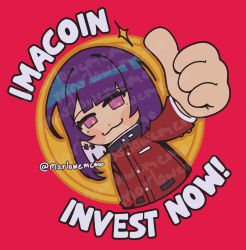 1boy :3 colored_inner_hair commentary cropped_torso dot_nose earrings english_commentary english_text gakuran highres jacket jewelry looking_at_viewer male_focus marlowememo medium_hair multicolored_hair pink_eyes purple_hair red_background red_jacket school_uniform solo the_hundred_line_-last_defense_academy- thumbs_up tsukumo_ima twitter_username watermark