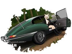 1girl absurdres animal_ears artist_logo black_jacket black_skirt blazer blonde_hair boots border car cat_ears cat_girl commentary english_commentary facial_mark final_fantasy final_fantasy_xiv forest grass green_car high_heel_boots high_heels highres jacket jaguar_(car) jaguar_e-type logo looking_at_viewer miniskirt miqo&#039;te motor_vehicle nature open_door outdoors road short_hair sitting skirt solo sorithespooky tree vehicle_focus whisker_markings white_border y&#039;shtola_rhul
