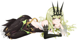 1girl absurdres bare_shoulders black_dress black_gloves black_tiara breasts commentary_request dress earrings elbow_gloves gloves gradient_eyes green_eyes green_hair hair_spread_out highres honkai_(series) honkai_impact_3rd hui_yu_yu_yu_ye jewelry long_dress looking_at_viewer lying medium_breasts mobius_(honkai_impact) multicolored_eyes on_side parted_lips simple_background single_elbow_glove slit_pupils smile solo tiara white_background