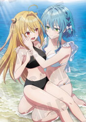 2girls ahoge anime_coloring bare_shoulders beach bikini blonde_hair blue_hair blush braid breasts cone_hair_bun embarrassed full_body green_eyes hair_between_eyes hair_bun hair_ribbon hikikomari_kyuuketsuki_no_monmon large_breasts multiple_girls ocean open_mouth red_eyes ribbon sample_watermark seiza shitaya_tomoyuki short_hair sitting sitting_on_person small_breasts smile swimsuit terakomari_gandezblood thighs v-shaped_eyebrows villhaze watermark white_bikini white_ribbon yuri