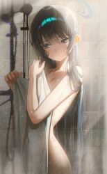 1girl absurdres alternate_hairstyle bathroom black_hair blue_archive blush covered_navel domi_(hongsung0819) grey_eyes grey_halo hair_down halo highres kisaki_(blue_archive) long_hair shower_(place) showering solo tile_wall tiles towel very_long_hair wet