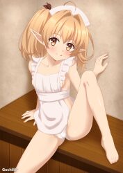 1girl ahoge apron barefoot blonde_hair blush breasts brown_eyes cameltoe elf hair_intakes highres hochfart isshun_de_chiryou_shiteita_noni_yakutatazu_to_tsuihou_sareta_tensai_chiyushi_yami_healer_toshite_tanoshiku_ikiru licking_lips lily_(yami_healer) looking_at_viewer medium_hair naughty_face nearly_naked_apron panties pointy_ears sitting small_breasts smile solo toes tongue tongue_out underwear white_apron white_headdress white_panties