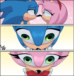 1boy 1girl absurdres amy_rose animal_nose blue_fur blue_hair child dress eyelashes gloves green_eyes hedgehog highres medium_hair nugget_pudding pink_fur pink_hair pov red_dress sega size_difference smile sonamy sonic_(series) sonic_the_hedgehog white_gloves