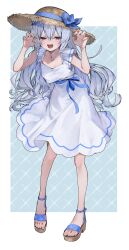 1girl absurdres blue_eyes blush breasts claw_pose commentary_request commission dress enomoto_nao full_body grey_hair hat highres long_hair looking_at_viewer open_mouth original sandals skeb_commission small_breasts smile solo straw_hat sun_hat sundress very_long_hair white_dress yuki_(kise_itsuki)