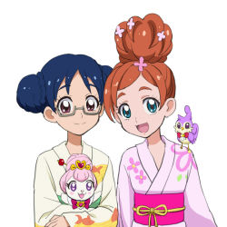 2girls alternate_hairstyle aroma_(go!_princess_precure) blue_eyes blue_hair braid brown_eyes brown_hair double_bun eyelashes glasses go!_princess_precure hair_bun hair_up happy haruno_haruka japanese_clothes kimono looking_at_viewer multiple_girls nanase_yui open_mouth precure puff_(go!_princess_precure) shuuho_(journey) simple_background single_hair_bun smile white_background yukata