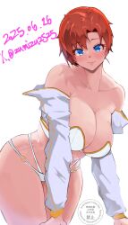 1girl absurdres artist_name bikini blue_eyes blush boudica_(fate) breasts cleavage closed_mouth collarbone crop_top embarrassed english_text eyebrows_hidden_by_hair eyes_visible_through_hair fate/grand_order fate_(series) highres large_breasts nose_blush o-ring o-ring_bikini o-ring_bikini_bottom open_clothes open_shirt red_hair short_hair smile solo standing swept_bangs swimsuit thighs white_background white_bikini zumizu