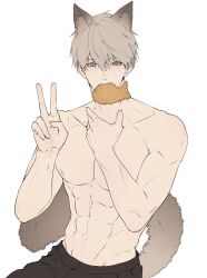 1boy abs black_pants cat_boy cat_tail collarbone commentary cowboy_shot english_commentary food grey_eyes grey_hair hair_between_eyes highres looking_at_viewer love_and_deepspace male_focus muscular muscular_male pants pectorals rizevp simple_background solo tail taiyaki topless_male v wagashi white_background xavier_(love_and_deepspace)