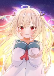 1girl absurdres ahoge atri atri-my_dear_moments- black_ribbon blue_sailor_collar blush closed_mouth commentary_request dress hair_ribbon hands_on_own_face hands_up highres jako_(jakoo21) light_brown_hair long_hair long_sleeves looking_at_viewer outline red_eyes ribbon sailor_collar sailor_dress smile solo very_long_hair white_dress white_outline wide_sleeves