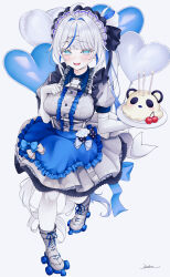 1girl absurdres ahoge aokumo_rin apron blue_apron blue_eyes breasts dress elbow_gloves gloves highres kurimi_(aokumo_rin) large_breasts long_hair looking_at_viewer maid maid_apron maid_headdress multicolored_hair open_mouth roller_skates shoes side_ponytail skates smile solo stellive streaked_hair very_long_hair vini_(frisco) virtual_youtuber white_dress white_hair
