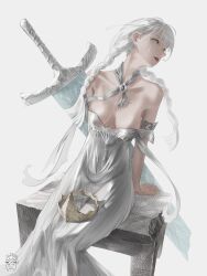 1girl absurdres arm_behind_back arm_support armpit_crease braided_twintails breasts breasts_apart bright_pupils broken broken_sword broken_weapon charliehero collarbone commentary crown defeat dress elden_ring english_commentary feet_out_of_frame greatsword grey_eyes highres large_breasts long_dress long_hair looking_at_viewer no_bra parted_lips red_lips sideways_glance simple_background sitting sleeveless sleeveless_dress solo sword tarnished_(elden_ring) torn_clothes torn_dress turning_head weapon white_background white_dress white_hair white_pupils