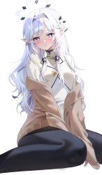 1girl absurdres bad_id bad_pixiv_id black_pants blue_archive blush breasts bright_pupils brown_cardigan cardigan emduck feet_out_of_frame flower grey_hair hair_flower hair_ornament hair_tubes halo highres himari_(blue_archive) long_hair looking_at_viewer mole mole_under_eye pants pointy_ears purple_eyes shirt simple_background sitting small_breasts smile solo very_long_hair wariza white_background white_shirt yoga_pants