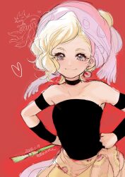 1girl :3 art_brush bare_shoulders blonde_hair blue_eyes choker closed_mouth dated earrings final_fantasy final_fantasy_vi hat holding jewelry looking_at_viewer paintbrush relm_arrowny short_hair signature simple_background sketch_inset smile solo strapless twitter_username typhon_(final_fantasy) ultros urihara84