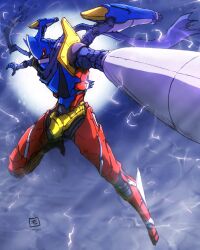 absurdres drill getter_liger getter_robo getter_robo_g highres mecha mecha_focus moyan no_humans pointing pointing_at_viewer robot signature solo super_robot twitter_username yellow_eyes