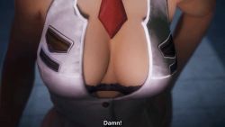 1girl 1other 3d alternate_costume alternate_eye_color animated animated_gif black_bra black_hair bra breasts brown_eyes cleavage close-up corruption dead_or_alive female_focus fow-005 glowing glowing_eyes kunoichi_2 large_breasts licking licking_lips looking_at_viewer momiji_(ninja_gaiden) naughty_face necktie ninja_gaiden one_eye_closed police police_uniform policewoman pov red_eyes seductive_smile slow_motion smile solo_focus standing studiofow subtitled tongue tongue_out underwear wink yellow_eyes