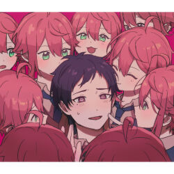 6+boys @_@ ahoge boy_sandwich c54chu0113 clone double-parted_bangs ensemble_stars! fushimi_yuzuru green_eyes hand_on_another&#039;s_face highres himemiya_tori implied_yaoi letterboxed male_focus mole mole_under_eye multiple_boys multiple_persona pink_background pink_hair poking purple_eyes sandwiched short_hair surrounded sweatdrop