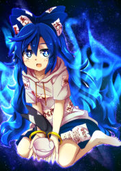 1girl aura bangle barefoot blue_background blue_eyes blue_fire blue_hair blue_skirt bow bracelet bright_pupils collarbone commentary crack damaged debt drawstring female_focus fire gradient_background grey_hoodie hair_between_eyes hair_bow highres hood hood_down hoodie jewelry light_particles long_hair looking_at_viewer open_mouth ryuu_(multitask) short_sleeves sitting skirt solo stuffed_animal stuffed_cat stuffed_toy touhou very_long_hair wariza white_pupils yorigami_shion
