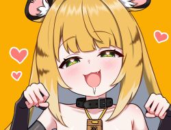 1girl :3 animal_ear_fluff animal_ears belt_collar black_collar black_gloves blonde_hair brown_hair collar colored_inner_hair commentary_request cropped elbow_gloves fang fingerless_gloves gloves green_eyes half-closed_eyes heart heart-shaped_pupils ju_fufu loli long_hair looking_at_viewer multicolored_hair open_mouth paid_reward_available solo symbol-shaped_pupils tiger_ears tiger_girl white_hair zenless_zone_zero zing_(z_z_zing)