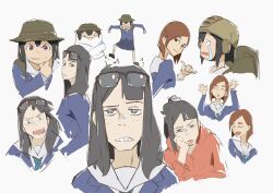 Rule 34 | 3girls, asakusa midori, asymmetrical bangs, black hair, boonie hat, commentary, crying, crying with eyes open, eizouken ni wa te wo dasu na!, eyewear on head, freckles, glasses, highres, kanamori sayaka, long hair, mizusaki tsubame, multiple girls, multiple views, school uniform, shibahama high school uniform, short hair, sketch, spikelookalike, symbol-only commentary, tears, white background