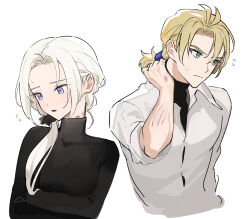 1boy 1girl alternate_costume bite_mark black_shirt blonde_hair blue_eyes blush closed_mouth collared_shirt commentary_request contemporary couple crossed_arms dimitri_alexandre_blaiddyd ear_blush edelgard_von_hresvelg fire_emblem fire_emblem:_three_houses fire_emblem_warriors:_three_hopes flying_sweatdrops hair_between_eyes hair_over_shoulder hand_on_own_neck hand_up hetero hickey highres ikaikakka implied_sex long_hair long_sleeves looking_down looking_to_the_side low_ponytail muscular muscular_male nervous nervous_sweating nintendo nose_blush open_mouth parted_bangs ponytail purple_eyes shirt short_hair side_ponytail simple_background sleeves_rolled_up standing sweat white_background white_hair white_shirt
