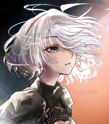 Rule 34 | 1girl, 2b (nier:automata), absurdres, android, artist name, breasts, cleavage, cleavage cutout, clothing cutout, commentary, dols art, english commentary, floating hair, hair over one eye, highres, mole, mole under mouth, nier:automata, nier (series), see-through cleavage, see-through clothes, short hair, solo, upper body, white hair