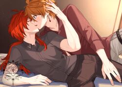 Rule 34 | 2boys, blue eyes, brown pants, brown shirt, closed eyes, diluc (genshin impact), earrings, french kiss, genshin impact, grey pants, hiki yuichi, imminent kiss, jewelry, kiss, long hair, long sleeves, male focus, multiple boys, orange hair, pants, red hair, red shirt, shirt, short hair, tartaglia (genshin impact), yaoi