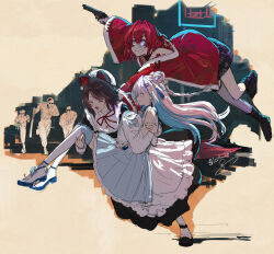 Rule 34 | 3boys, 3girls, ange katrina, ange katrina (7th costume), animal ears, black hair, blue hair, blue skirt, carrying, chasing, chinese clothes, clothing cutout, colored inner hair, dog ears, dog girl, double bun, fleeing, floating hair, full body, grimace, gun, hair bun, hair intakes, handgun, hanging on, hat, highres, holding, holding gun, holding weapon, inui toko, inui toko (7th costume), isshiki (ffmania7), jacket, lize helesta, lize helesta (11th costume), long hair, long sleeves, maid, midair, mob cap, multicolored hair, multiple boys, multiple girls, nijisanji, open mouth, princess carry, red hair, red jacket, round eyewear, running, sanbaka (nijisanji), shirt, short hair, shoulder cutout, skirt, smile, sunglasses, thighhighs, urban, v-shaped eyebrows, virtual youtuber, weapon, white hair, white shirt, white thighhighs